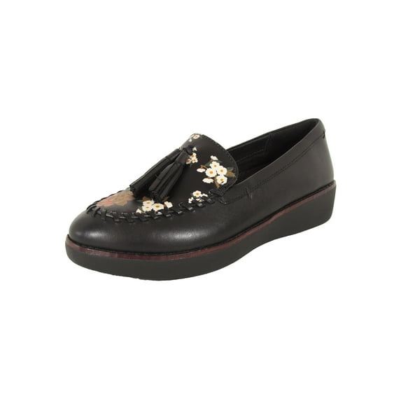 Fitflop Womens Paige Dark Floral Leather Moccasin Loafers, Black, US 5