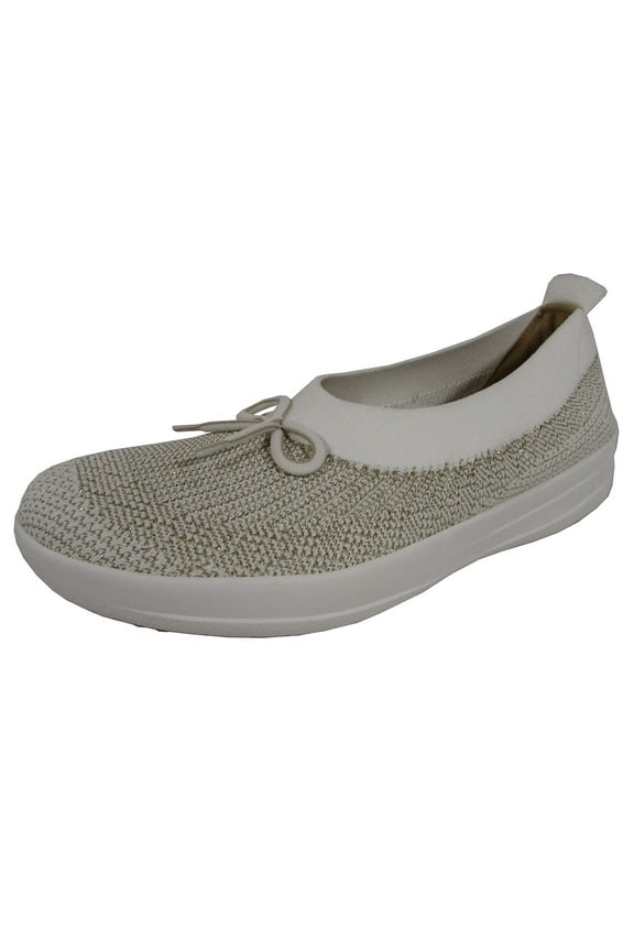 Womens Uberknit Metallic Weave Bow Ballerinas, Gold/White, US 6.5