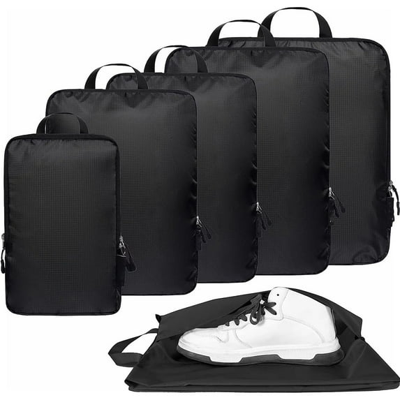 Fitfort 70D Cordura Nylon Cubes Packing Organizers Includes Shoe Bag, 6 Pockets, Black, 6 Count