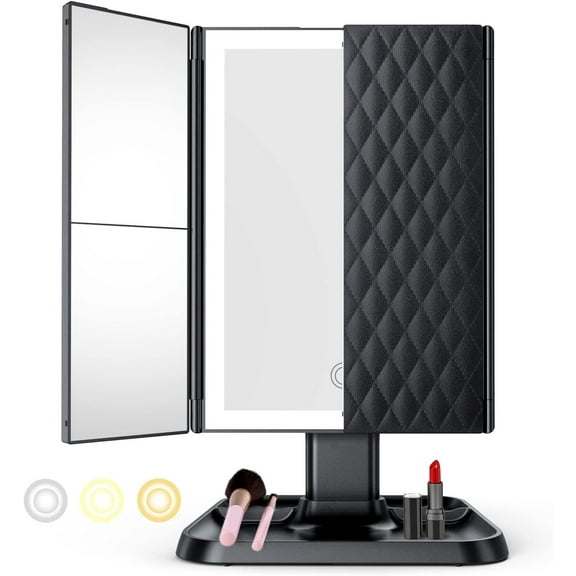 Fitfort Makeup Vanity Mirror with Lights and Magnification, Foldable Trifold Mirror, Portable Lighted up Mirror with 72 LED, Black