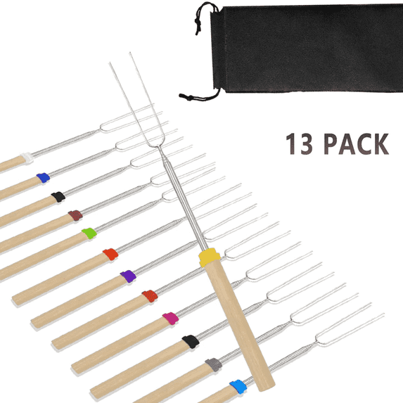 Fitfort Marshmallow Roasting Sticks Smores Skewers Telescoping Extendable Camping Campfire Fire Pit Kit Hot Dog Fork Accessories 32 inch 13 Pcs