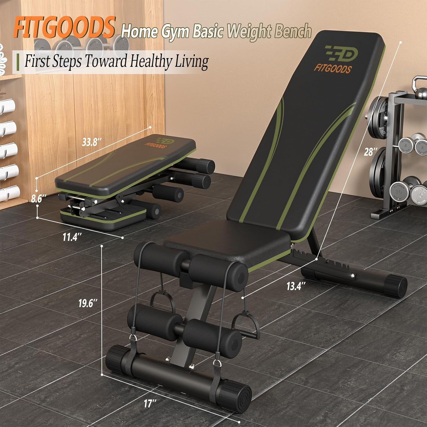Fitgoods Adjustable Weight Bench for Home Gym, Foldable 700LBS Workout Bench with 9 Backrests, Multi-Purpose Bench Press for Incline Decline Flat with Fast Adjustment (2 resistance bands)