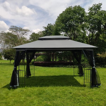 Fithood 13x10 Outdoor Patio Gazebo Canopy Tent With Ventilated Double Roof And mosquitof Net(Detachable Mesh Screen On All Sides),Suitable for Lawn, Garden, Backyard and Deck,Gray Top
