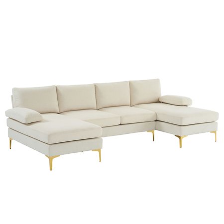 Fithood 280*130*85 U-Shaped 4-Seat Linen Seat Frame Wooden Frame Back Iron Frame Golden Feet Indoor Modular Sofa Beige