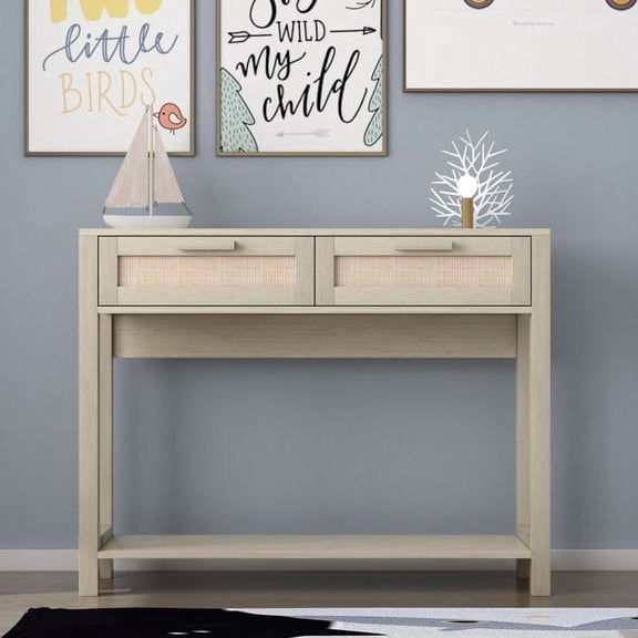 Fithood 39.4" Rattan Console Table with 2 Drawers Entryway Table Wood Narrow Long Table Boho Console Table for Living Room, Hallway