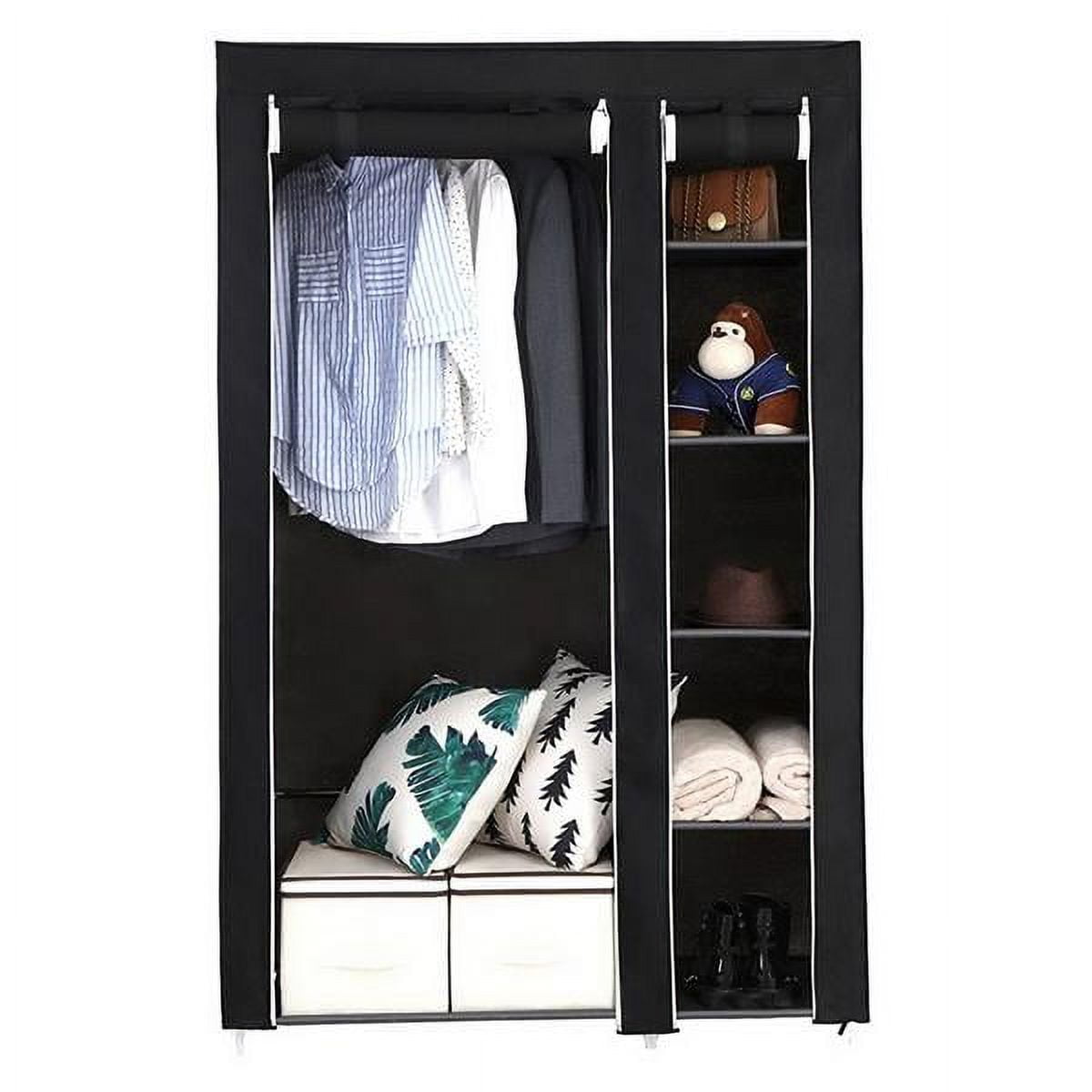 Fithood 67" Portable Clothes Closet Wardrobe with Non-woven Fabric and Hanging Rod Quick and Easy to Assemble Black