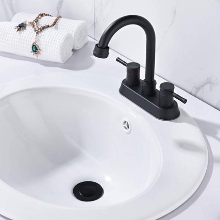 Fithood Bathroom Faucet with Pop-Up Sink Drain, Matte Black Bathroom Sink Faucet 3-Hole Stainless Steel High Arc, Supply Utility Hose for Laundry Vanity Sink Faucet 2 Handle with Overflow