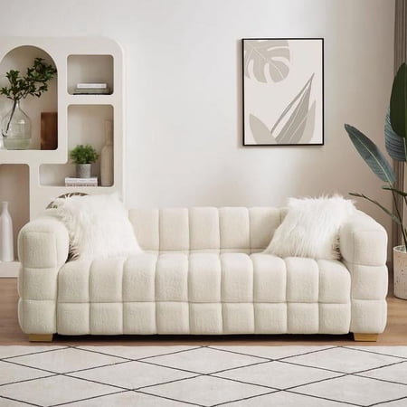 Fithood (Beige) Wide Square Arm Teddy Velvet Rectangular Sofa, 2 Pillows