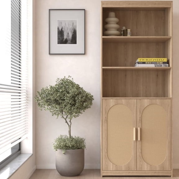 Fithood Bookshelf 5 Tier Book Shelf Rattan Tall Bookcase with Doors Storage Wood Shelves Large Bookshelves Farmhouse Bookcases Library Book Case for Living Room Bedroom Home Office Kitchen