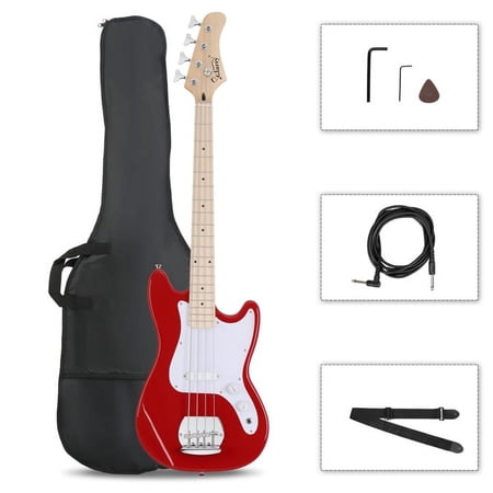 Fithood Glarry 4 String 30in Short Scale Thin Body GB Electric Bass Guitar with Bag Strap Connector Wrench Tool Red