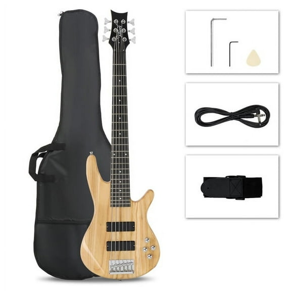Fithood Glarry Full Size GIB 6 String H-H Pickup Electric Bass Guitar Bag Strap Pick Connector Wrench Tool Burlywood