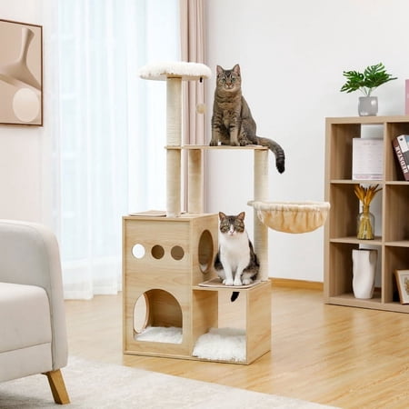 Fithood Modern Luxury Cat Tree Wooden Multi-Level Cat Tower Cat Sky Castle With 2 Cozy Condos, Cozy Perch, Spacious Hammock And Interactive Dangling Ball