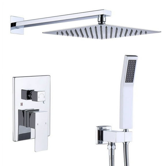 Fithood Shower System Shower Faucet Combo Set Wall Mounted with 12" Rainfall Shower Head and handheld shower faucet, Chrome Finish with Brass Valve Rough-In