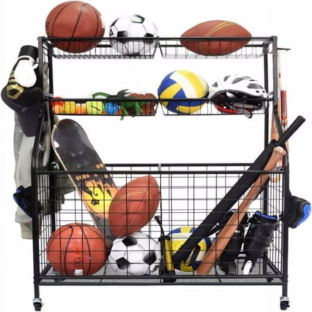 Fithood Sports Equipment Organizer, Sports Gear Basketball Storage with Baskets and Hooks,Ball Storage Rack, Garage Ball Storage, Sports Gear Storage,Rolling Sports Ball Storage Cart, Black