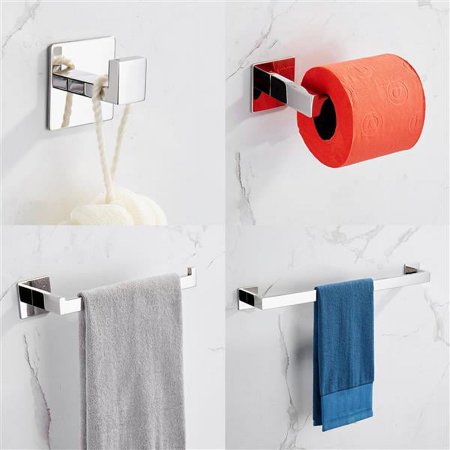 Fithood Strong Viscosity Adhesive 4 Pieces Bathroom Accessories Set Without Drilling Silver Brushed Towel Bar Set Holder Rack Robe Hook Tissue Toilet Paper Holder Rustproof 304 Stainless Steel KJ715PR
