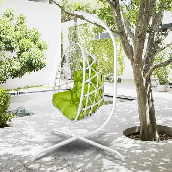 Fithood Swing Egg Chair with Stand Indoor Outdoor Wicker Rattan Patio Basket Hanging Chair with C Type bracket , with cushion and pillow,WHITE)Banned from selling Amazon, homedepot, lowes