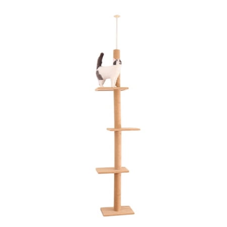 Fithood Three Tier Floor-to-Ceiling Cat Tree Cat Climbing Tree 9 Feet Khaki