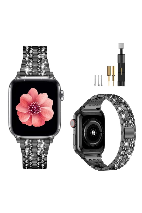 Apple Watch Bands Compatible with Apple Watch 38/40/41/42/44/45mm,Dressy Bling Metal Band for Apple Watch 7/6/5/4/3/2/1/SE(Black-42/44/45mm)