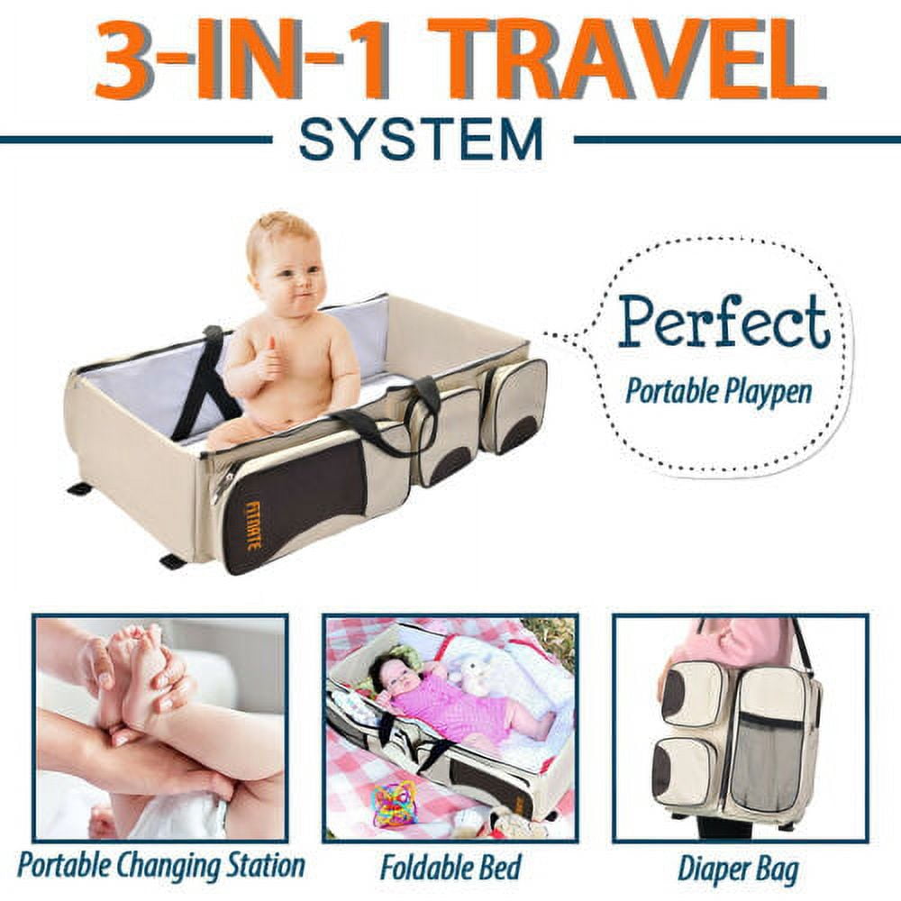 Fitnate 3 in 1 Diaper Bag Portable Infant Travel Bassinet Multi-Purpose Baby Bed Beige