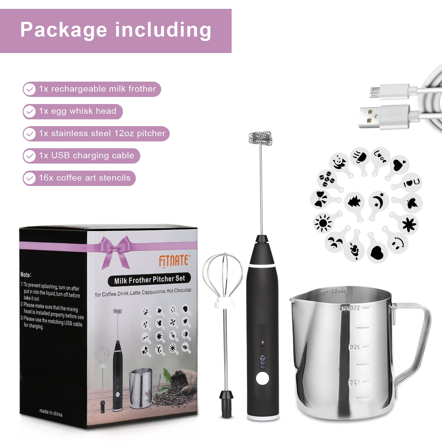 Black Rechargeable Electric Milk Frother With 2 Stainless Steel