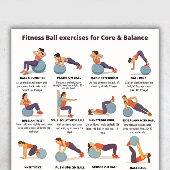 Fitness Ball Exercise Poster -16 Core And Balanced Stable Ball Exercise Posters, Home Gym Murals, Exercise Chart Posters poster