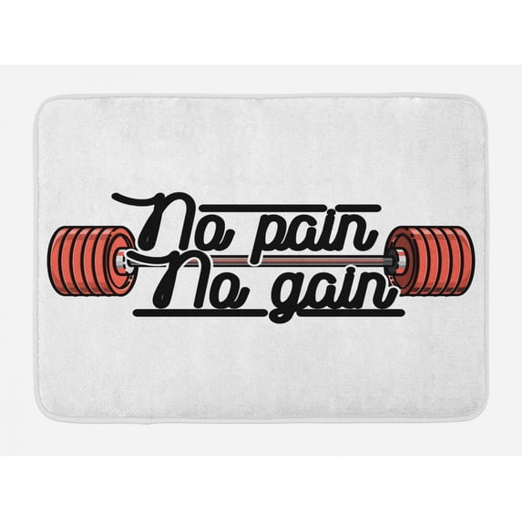 Fitness Bath Mat, No Pain No Gain Vintage Emblem Design Barbells Weightlifting Bodybuilding, Non-Slip Plush Mat Bathroom Kitchen Laundry Room Decor, 29.5 X 17.5 Inches, Coral Black White, Ambesonne