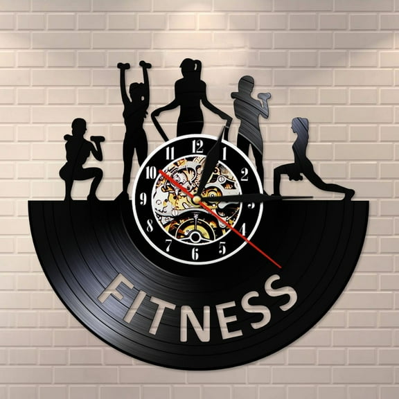 Fitness Centre GYM Vinyl Record Clock Women Fitness Club Logo Wall Clock Retro Art Decor for Sports Room Bodybuilding Studio