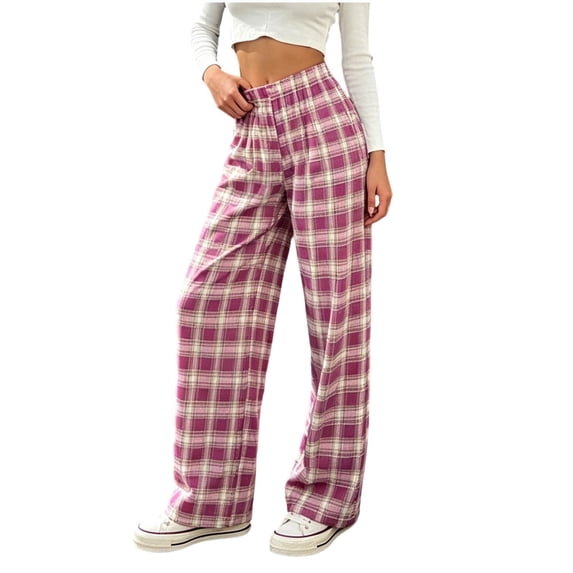 Fitness Clothing Fashion Women Casual High Waist Pants Pants Comfortable Casual Pants Plaid Straight Leg Pants Hot Pink Free Size