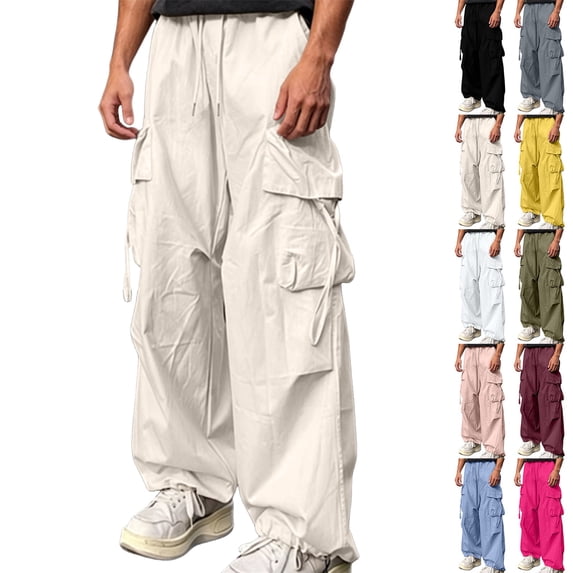 Fitness Clothing Wide Leg Casual Elastic Waist Crop Pants Men's Solid Color Loose Straight Leg Casual Waisted Pants With Pocket Beige Xl