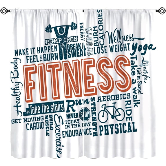 Fitness Curtains, Fitness Health Exercise Retro Active Lifestyle Pattern Window Treatments, Rod Pocket Thermal Insulated Drapes 2 Panels Set for Bedroom Living Room Gym, 55" W X 39" L