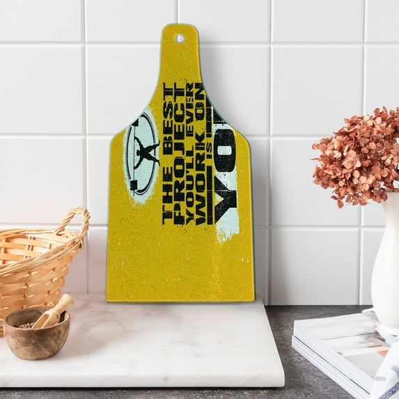 Fitness Cutting Board, Best Project is You Phrase with Weightlifter Fit Body Concept, Decorative Tempered Glass Cutting and Serving Board, Wine Bottle Shape, Marigold Dark Blue White, by Ambesonne