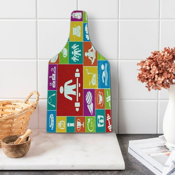Fitness Cutting Board, Different Colorful Fitness Healthy Lifestyle Motivation Activity Weight Loss, Decorative Tempered Glass Cutting and Serving Board, Wine Bottle Shape, Multicolor, by Ambesonne
