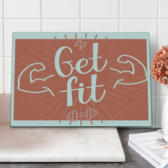 Fitness Cutting Board, Get It Lettering with Bodybuilder Man Arms Biceps Be Strong Achievement, Decorative Tempered Glass Cutting and Serving Board, Large Size, Coral and White, by Ambesonne