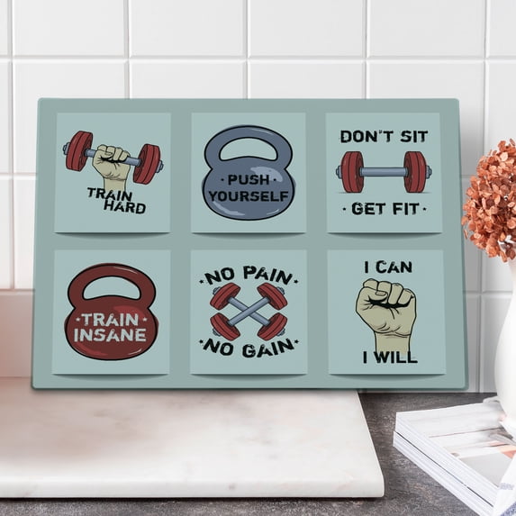 Fitness Cutting Board, Modern Cartoon Style Motivation Phrases Caricature Style Push Yourself Get Fit, Decorative Tempered Glass Cutting and Serving Board, Large Size, Red Grey Black, by Ambesonne