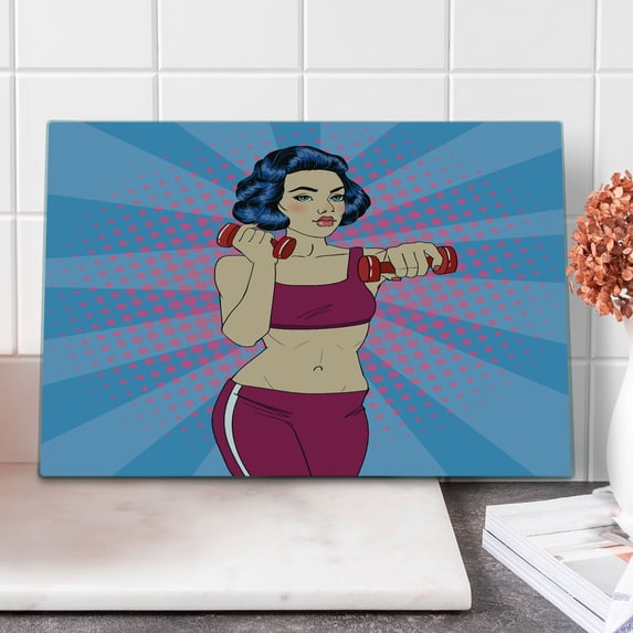 Fitness Cutting Board, Pop Art Woman Doing Exercises with Dumbbells Healthcare Vitality Retro Style, Decorative Tempered Glass Cutting and Serving Board, Large Size, Multicolor, by Ambesonne