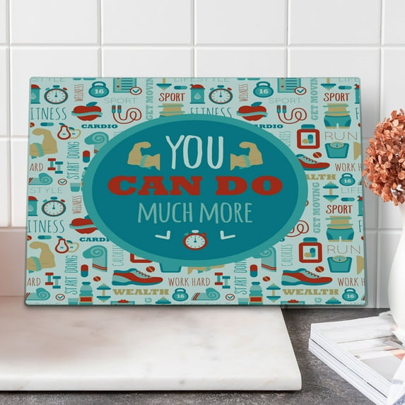 Fitness Cutting Board, You Can Do Much More Encouraging Phrase with Gym Cardio Sport Wellness, Decorative Tempered Glass Cutting and Serving Board, Large Size, Teal White Red, by Ambesonne