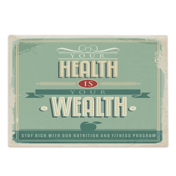 Fitness Cutting Board, Your Health is Your Wealth Vintage Poster Design Inspirational, Decorative Tempered Glass Cutting and Serving Board, Large Size, Pale Orange Pale Green, by Ambesonne