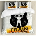 thumbnail image 1 of Fitness Duvet Cover Set, Aged Damaged Display Kettlebell Muscular Athletic Man Silhouette Train Hard, Decorative 3 Piece Bedding Set with 2 Pillow Shams, King Size, Orange Black White, by Ambesonne, 1 of 3