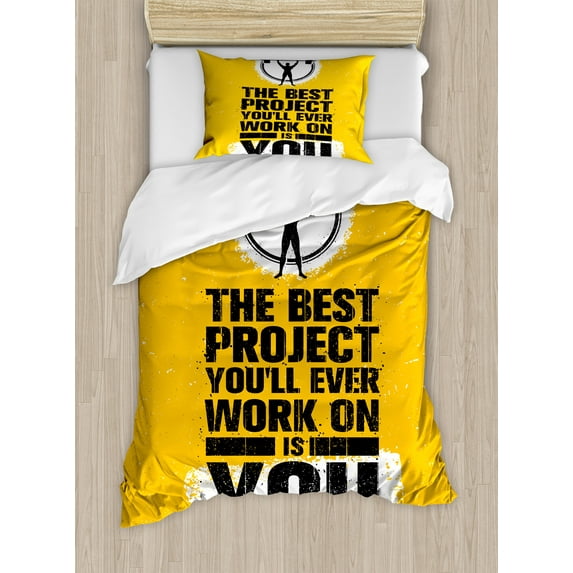 Fitness Duvet Cover Set, Best Project is You Phrase with Weightlifter Fit Body Concept, Decorative 2 Piece Bedding Set with 1 Pillow Shams, Twin Size, Marigold Dark Blue White, by Ambesonne