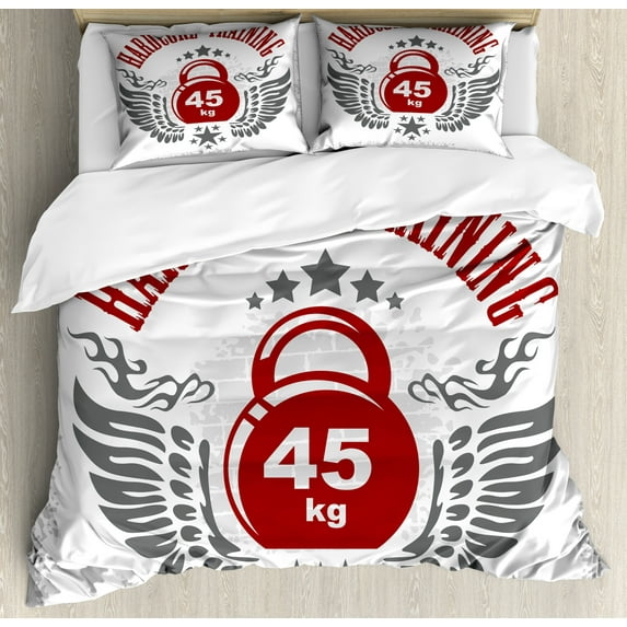 Fitness Duvet Cover Set, Bodybuilding Themed Emblem in Vintage Style Hardcore Training Wings Stars, Decorative 3 Piece Bedding Set with 2 Pillow Shams, Queen Size, Red White Grey, by Ambesonne