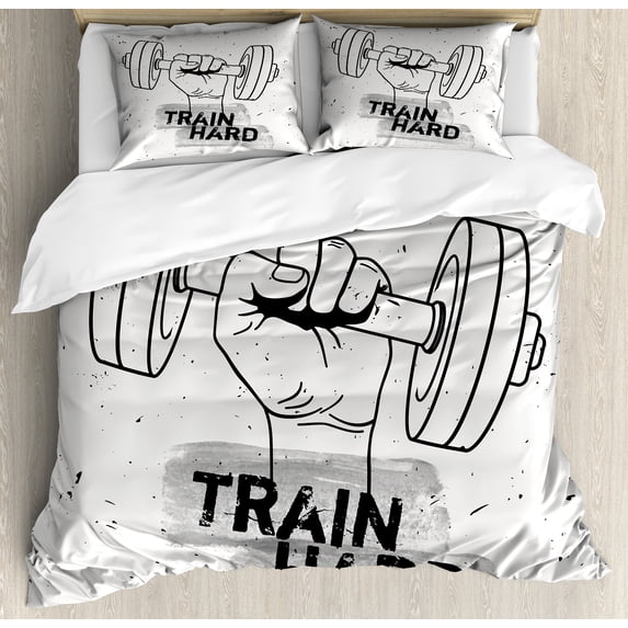 Fitness Duvet Cover Set, Hand Holding a Dumbbell Grunge Sketch Get Strong Train Hard Illustration, Decorative 3 Piece Bedding Set with 2 Pillow Shams, King Size, Black Grey White, by Ambesonne