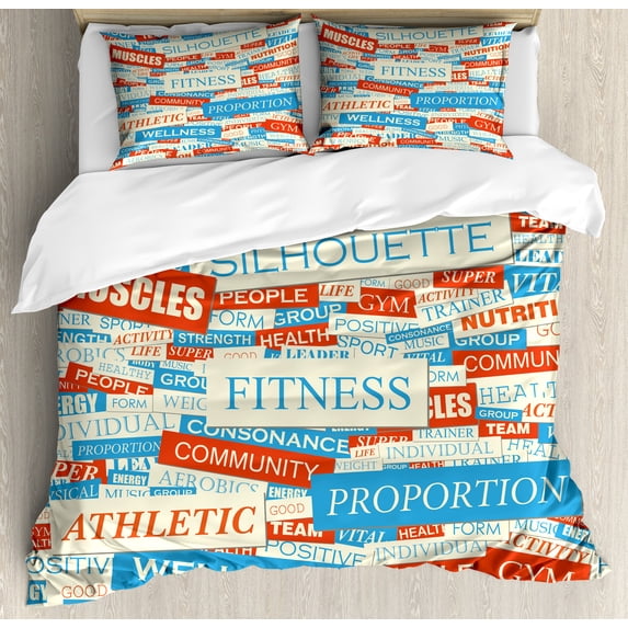 Fitness Duvet Cover Set, Jumble Words of Activity Exercise Well-Being Athletic Silhouette Strength, Decorative 3 Piece Bedding Set with 2 Pillow Shams, Queen Size, Ivory Vermilion Blue, by Ambesonne