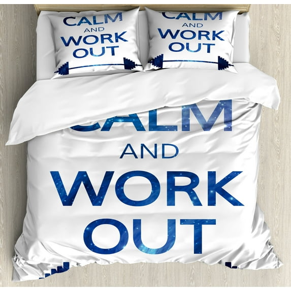 Fitness Duvet Cover Set, Keep Calm and Work Popular Famous Phrase with Night Sky Galaxy Celestial, Decorative 3 Piece Bedding Set with 2 Pillow Shams, Queen Size, Dark Blue White, by Ambesonne