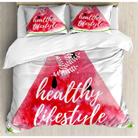 Fitness Duvet Cover Set King Size, Healthy Lifestyle Themed Quote on Vivid Hand Drawn Watermelon Figure with Herbs, Decorative 3 Piece Bedding Set with 2 Pillow Shams, Multicolor, by Ambesonne