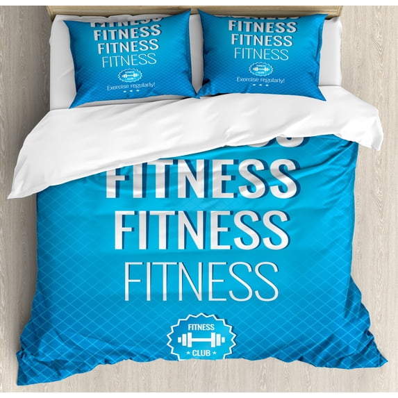 Fitness Duvet Cover Set, Motivation Regular Exercise Theme Fitness Words Checkered Backdrop Typography, Decorative 3 Piece Bedding Set with 2 Pillow Shams, Queen Size, Pale Blue White, by Ambesonne