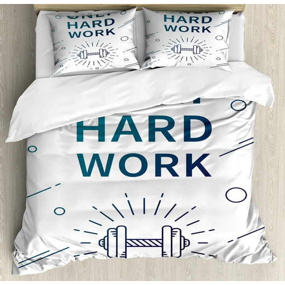Fitness Duvet Cover Set, Only Hard Work Positive Sports Affirmation Phrase and Dumbbell Inspirational, Decorative 3 Piece Bedding Set with 2 Pillow Shams, Calking Size, Blue Purple White, by Ambesonne