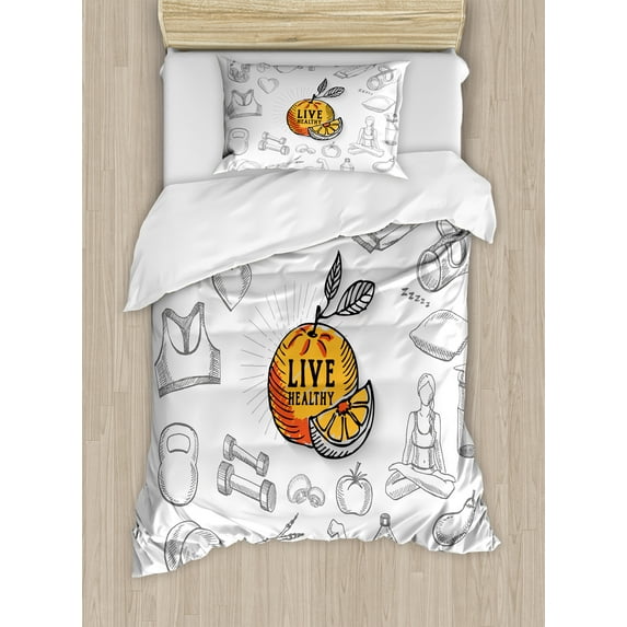 Fitness Duvet Cover Set, Orange Slice and Whole Fruit with Gym Items Exercise Fruits Veggies, Decorative 2 Piece Bedding Set with 1 Pillow Shams, Twin Size, Orange White and Black, by Ambesonne