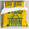 thumbnail image 1 of Fitness Duvet Cover Set, Pump Some Iron Words in Vintage Frame Oil Pump Power Lifting Weight, Decorative 3 Piece Bedding Set with 2 Pillow Shams, Calking Size, Petrol Blue Marigold, by Ambesonne, 1 of 3