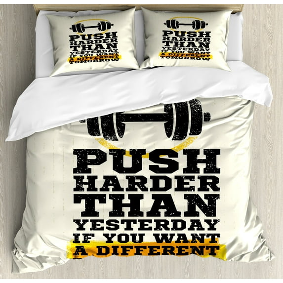 Fitness Duvet Cover Set, Push Harder Sports Phrase Positive Message Grungy Display with Dumbbell, Decorative 3 Piece Bedding Set with 2 Pillow Shams, King Size, Cream Black Yellow, by Ambesonne