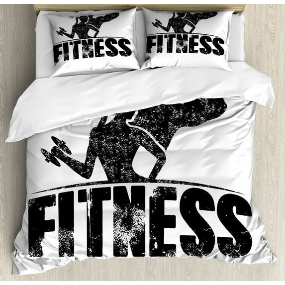 Fitness Duvet Cover Set Queen Size, Grunge Man and Woman Silhouettes Working Out Muscles Strong Training Couple, Decorative 3 Piece Bedding Set with 2 Pillow Shams, Black and White, by Ambesonne